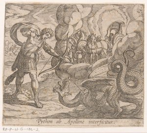 Apollo dobija Pythona Python zostaje zabity przez Apollo (tytuł na obiekcie) Metamorfoza lub przekształcenia (tytuł serii) Metamorfosen van Ovidius (tytuł serii) autorstwa Antonio Tempesta