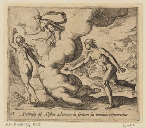 Arethusa wordt achtervolgd drzwi Alpheus Aretuza zakochana w Alfeuszu staje się źródłem jej imienia (tytuł na obiekcie) Metamorfoza lub przekształcenia (tytuł serii) Metamorfosen van Ovidius (tytuł serii) autorstwa Antonio Tempesta