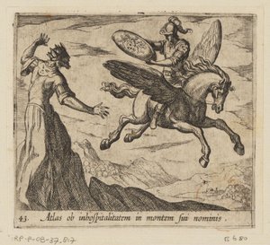 Atlas zamienił się w górę Atlas z powodu niegościnności na górze jego imienia (tytuł na obiekcie) Metamorfoza lub przekształcenia (tytuł serii) Metamorfosen van Ovidius (tytuł serii) autorstwa Antonio Tempesta