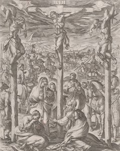 Chrystus ukrzyżowany między dwoma złodziejami, trzema Mariami u stóp krzyża, 1612.