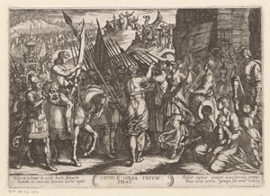 Dawid triumfalnie powraca z głową Goliata David e Golia triumphat (tytuł na obiekcie) Sceny batalistyczne ze Starego Testamentu (tytuł serii) autorstwa Antonio Tempesta