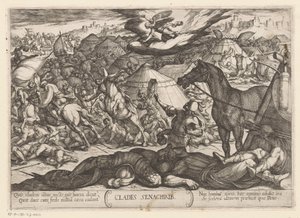 Anioł śmierci podbija armię Sennacheryba Clades Senachrib (tytuł na obiekcie) Sceny batalistyczne ze Starego Testamentu (tytuł serii) autorstwa Antonio Tempesta
