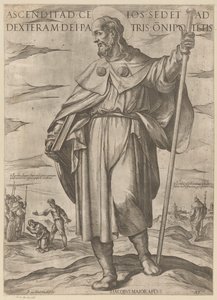 De heilige Jakobus de Meerdere Ten, który wstąpił do nieba zasiada po prawicy Boga Ojca Wszechmogącego (tytuł na obiekcie) Chrystus, Maryja i apostoł (tytuł serii) autorstwa Antonio Tempesta