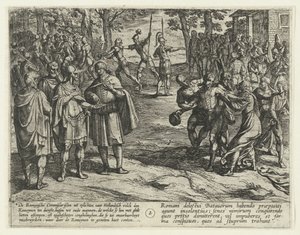 Starzy Batawowie wykupują swoją służbę Rzymianom, 69-70 Bunt Batawski (tytuł serii) Batavorum cum Romanis Bellum, à Corn. Tacito / The Batavian Oft Oude Hollandtsche Krijghe teghen de Romeynen (tytuł serii na obiekcie) autorstwa Antonio Tempesta