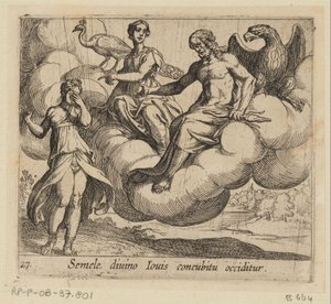 De wens van Semele Semele zostaje zabita przez stosunek z boskim Jowiszem (tytuł na obiekcie) Metamorfoza lub przekształcenia (tytuł serii) Metamorfosen van Ovidius (tytuł serii) autorstwa Antonio Tempesta