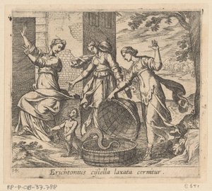 Erichthonius uit zijn mand gelaten Erichthonius jest widziany z luźnym koszem (tytuł na obiekcie) Metamorfoza lub przekształcenia (tytuł serii) Metamorfosen van Ovidius (tytuł serii) autorstwa Antonio Tempesta