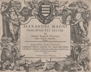 Frontyspis do życia Aleksandra Wielkiego, po lewej Bellona, a po prawej kobieta…, 1608. autorstwa Antonio Tempesta