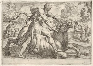 Herkules i Acheloos: w centrum Herkules chwyta rogi byka, naciskając jego r..., 1608. autorstwa Antonio Tempesta