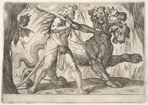 Herkules i Cerber: Herkules chwyta za kołnierz Cerbera, po lewej pojawiają się dwa demony..., 1608.