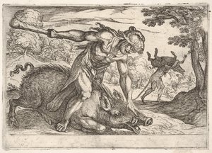 Herkules i Dzik Erymantusa: Herkules przytrzymuje pysk dzika lewą ha..., 1608.