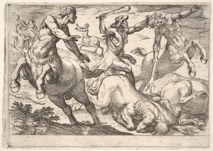 Hercules and the Centaurs: Hercules trzyma głowę centaura lewą ręką i rai..., 1608.
