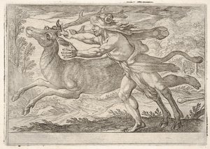 Hercules and the Hind of Mount Cerynea: Herkules kroczy wzdłuż zadu i chwyta…, 1608. autorstwa Antonio Tempesta