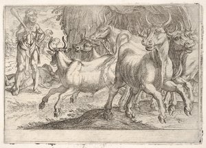 Herkules i woły z Geryones: z maczugą podniesioną w prawej ręce, Herkules konfrontuje..., 1608.