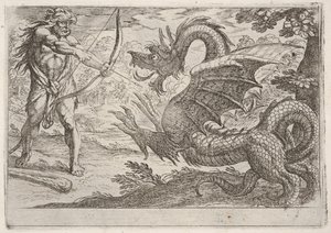 Hercules and the Serpent Ladon: Hercules napina łuk, wznoszący się wąż pojawia się w pro..., 1608.