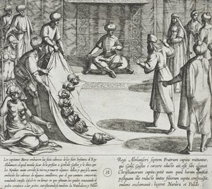 W obecności Almanzora Gonzalo Gustos rozpoznaje odcięte głowy swoich synów autorstwa Antonio Tempesta