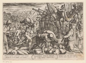 Jozafat dziękuje Bogu za swoje zwycięstwo Iosaphat prece vincit et thesauris potitur (tytuł na obiekcie) Sceny batalistyczne ze Starego Testamentu (tytuł serii) autorstwa Antonio Tempesta