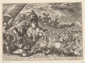 Joshua rozkazuje słońcu zatrzymać się Iosue imperante sol constitit (tytuł na przedmiocie) Sceny batalistyczne ze Starego Testamentu (tytuł serii) autorstwa Antonio Tempesta