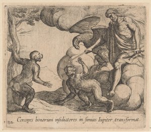 Jowisz zamienia Cerkopy w małpę Jowisz zamienia oblegających dobro w małpy (tytuł na obiekcie) Metamorfoza lub przekształcenia (tytuł serii) Metamorfosen van Ovidius (tytuł serii) autorstwa Antonio Tempesta