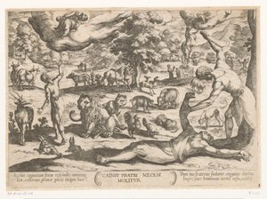 Kain zabija Abla Cainus fratri necem molitur (tytuł na obiekcie) Sceny batalistyczne ze Starego Testamentu (tytuł serii) autorstwa Antonio Tempesta