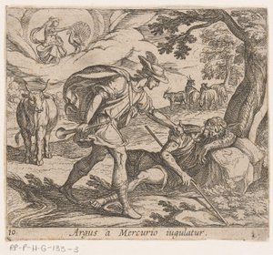 Merkury doodt Argus Argus jest uduszony przez Merkurego (tytuł na obiekcie) Metamorfoza lub przekształcenia (tytuł serii) Metamorfosen van Ovidius (tytuł serii) autorstwa Antonio Tempesta