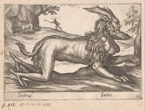potworne stworzenie Satirus/ Satiro (tytuł na obiekcie) Zwierzęta i mityczne stworzenia (tytuł serii) Nova raccolta de li animali piu curiosi del mondo (tytuł serii) autorstwa Antonio Tempesta