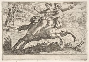 Nessus próbuje odebrać Dejanirę Herkulesowi: Nessus przytrzymuje Dejanirę na plecach w..., 1608. autorstwa Antonio Tempesta