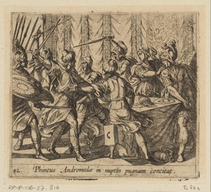 Phineus verstoort de ślub Perseusza en Andromeda Phineus prowokuje Andromedę do walki na jej ślubie (tytuł na obiekcie) Metamorfoza lub przekształcenia (tytuł serii) Metamorfosen van Ovidius (tytuł serii) autorstwa Antonio Tempesta