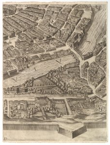Plan miasta Rzymu. Część 10 z Tybrem i Villa Farnesina, 1645. autorstwa Antonio Tempesta