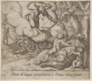 Obrazek 105: Diana kierująca swój łuk w kierunku Chione, której towarzyszy dwoje dzieci, w anot..., 1606. autorstwa Antonio Tempesta