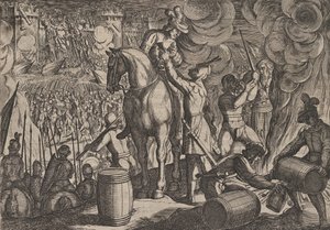 Tablica 13: Atak na rzymską fortecę nocą, z filmu Wojna Rzymian przeciwko Ba..., 1611. autorstwa Antonio Tempesta