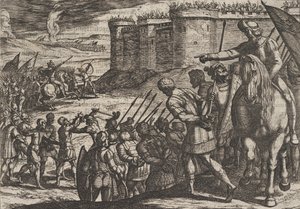 Tablica 16: Jeńcy rzymscy przed starą fortecą, z Wojna Rzymian przeciwko B..., 1611. autorstwa Antonio Tempesta