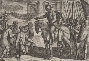 Obrazek 19: Ludzie z fortecy poddają się i przysięgają swoje życie Civilis, z Wojny…, 1611. autorstwa Antonio Tempesta