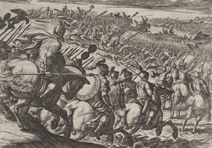 Ilustracja 25: Rzymski dowódca Cerialis atakuje w pobliżu Trewiru, z Wojna Rzymian Agai..., 1611. autorstwa Antonio Tempesta