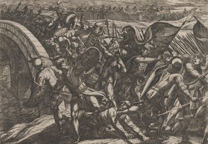 Ilustracja 27: Holendrzy podczas ataku z zaskoczenia na obóz rzymski nad Mozelą, z Wa..., 1611. autorstwa Antonio Tempesta