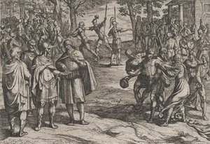 Ilustracja 2: Rzymianie biorący starych Holendrów jako zakładników i uwodzący młodych, z filmu Wojna..., 1611.