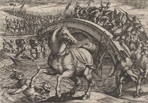 Płyta 31: Cywilis zmuszony do zsiadania i pływania przez rzekę, z Wojna Rzymian..., 1611.