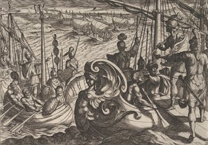 Tablica 33: Flotylle holenderskie i rzymskie nad Renem, z The War of the Romans Against the B..., 1611.