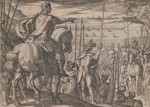 Ilustracja 3: Aleksander instruuje swoich żołnierzy, z Czynów Aleksandra Wielkiego, 1608. autorstwa Antonio Tempesta