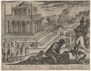 Tablica 5: Grobowiec Mausolus, kamieniarze tworzą kolumnę po prawej stronie z Siedmiu Cudów..., 1608. autorstwa Antonio Tempesta