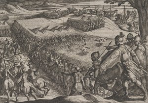 Tablica 6: Rzymianie pokonani w pobliżu Renu, z Wojna Rzymian z Batawami…, 1611. autorstwa Antonio Tempesta
