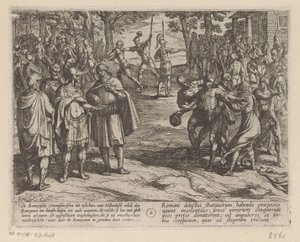 Rzymianie kupują młodych Holendrów od starszych Holendrów Wojny batawskie przeciwko Rzymianom (tytuł serii) Batavorum cum Romanis Bellum (tytuł serii) autorstwa Antonio Tempesta