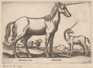 Dwa jednorożce i lew Monoceron/ Allicorno (tytuł na obiekcie) Zwierzęta i mityczne stworzenia (tytuł serii) Nova raccolta de li animali piu curiosi del mondo (tytuł serii) autorstwa Antonio Tempesta