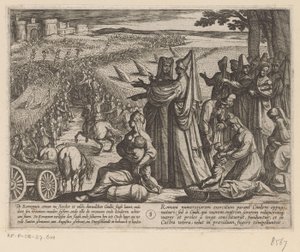 Kobiety i dzieci oglądają, jak Julius Civilis pokonuje Rzymian Wojny batawskie przeciwko Rzymianom (tytuł serii) Batavorum cum Romanis Bellum (tytuł serii) autorstwa Antonio Tempesta