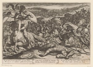 Samobójstwo Saula po jego klęsce z Filistynami Saul post cladem et necem fillor sibl morte conscivit (tytuł na obiekcie) Sceny batalistyczne ze Starego Testamentu (tytuł serii) autorstwa Antonio Tempesta