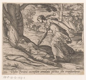 Zelfmoor van Thisbe Thijsbe przeciął pierś za przykładem Pyramusa (tytuł na obiekcie) Metamorfoza lub przekształcenia (tytuł serii) Metamorfosen van Ovidius (tytuł serii) autorstwa Antonio Tempesta