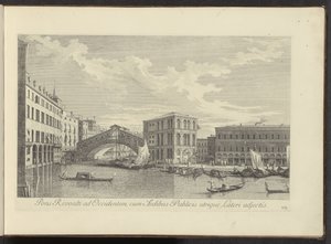 Gezicht op het Canal Grande, Palazzo dei Camerlenghi en de Rialtobrug te Venetië Most Rivoalti na zachodzie, z budynkami publicznymi przymocowanymi po obu stronach (tytuł na obiekcie) Najsłynniejsze widoki Wenecji z 38 paneli Antoniusa, ex autorstwa Antonio Visentini