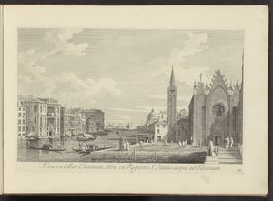 Gezicht op het Canal Grande en de Chiesa di Santa Maria della Carità te Venetië Z jednej strony z domu Miłosierdzia, z drugiej strony z regionu S. Vitalis aż do Telonium (tytuł na obiekcie) Najsłynniejsze widoki Wenecji z 38 paneli Antoniusa z mosiądzu autorstwa Antonio Visentini