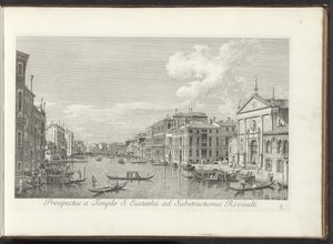 Gezicht op het Canal Grande en de kerk de San Stae te Venetië Perspektywa od świątyni św. Eustachiusza do podbudów Rivoalti (tytuł na obiekcie) Najsłynniejsze widoki Wenecji z 38 paneli Kanału Antoniusza, wydrukowane na mosiądzu przez Antonio Vissentiniego