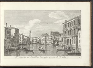 Gezicht op het Canal Grande en de toren van de San Vitale te Venetië Widok z Domu Korneliusza na św. Witala (tytuł na obiekcie) Najsłynniejsze widoki Wenecji z 38 paneli Antoniusa Canal, wydrukowane na drewnie przez Antonio Vissentiniego autorstwa Antonio Visentini