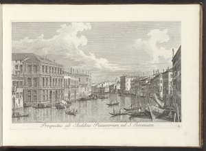 Gezicht op het Canal Grande te Venetië Widok z domów w Pizie na św. Jeremiasza (tytuł na obiekcie) Najsłynniejsze widoki Wenecji z 38 paneli Antoniusa Canal, wydrukowane na mosiądzu przez Antonio Vissentiniego, podzielone na trzy części. druga część